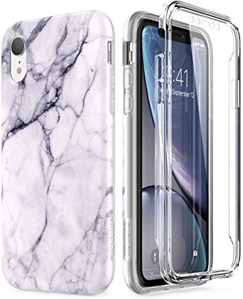 SURITCH Case for iPhone XR, [Built-in Screen Protector] Natural Marble Full-Body Protection Shockproof Rugged Bumper Protective Cover for iPhone XR 6.1 Inch (Black Marble)