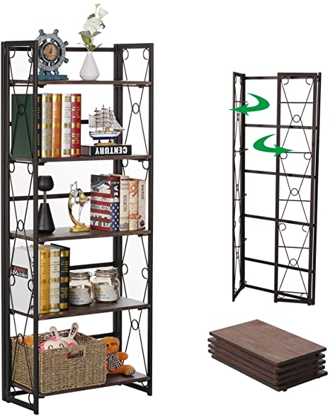 VECELO 5 Shelf Bookcase,No-Assembly Folding-Bookshelf,Upgrade Industrial Standing Racks Study Organizer with Metal Frame & Wood Layer, Brown