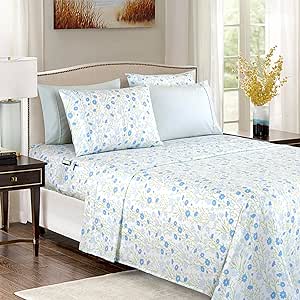 Elegant Comfort Softest and Coziest 6-Piece Sheet Set - 1500 Premium Hotel Quality Microfiber - Deep Pocket, Wrinkle Resistant 6-Piece Floral Bed Sheet Set, King, Laurel Blue