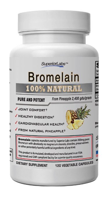 #1 Bromelain by Superior Labs - Non Synthetic! - 2,400gdu/gram. 500mg, 120 Vegetable Caps - Made in USA, 100% Money Back Guarantee by Superior Labs