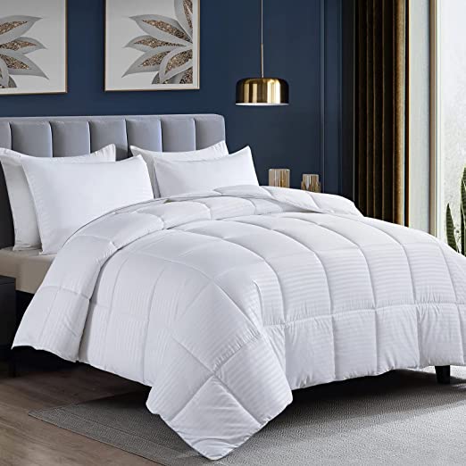 Cosybay 3 Piece Unique Stripe Comforter Set- Quilted Ultra- Soft Microfiber- Lightweight Down Alternative Comforter with Shams- All-Season Bedding Set- King, White