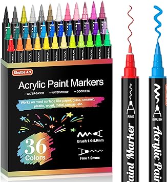 Shuttle Art Dual Tip Acrylic Paint Pens, 36 Colours Fine & Brush Paint Marker Pens, Paint Pens for Rock Painting, Ceramic, Wood, Fabric, Glass, Art Marker Pen Set for Kids Adults on Christmas Easter