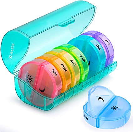 Weekly Pill Organizer 7 Day 2 Times a Day, Sukuos Large Daily Pill Cases for Pills/Vitamin/Fish Oil/Supplements (Cyan Box)