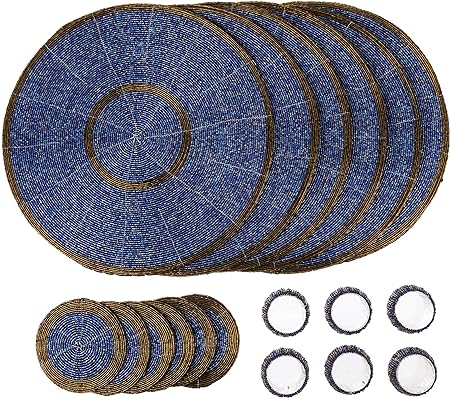 Penguin Home® Set of 18 Glass Beaded Placemats, Coasters and Napkin Rings - Blue and Antique Gold Colour - Round Placemats - Handcrafted by skilled Indian artisans - Diameter - 32 cm (13")