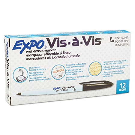 Expo Vis-A-Vis Wet-Erase Overhead Transparency Markers, Fine Point, Black, Dozen (SAN16001)