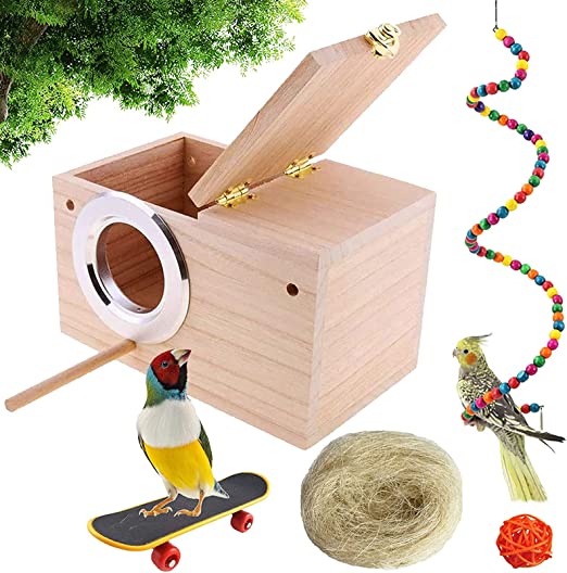 kathson Parrot Nest Breeding Box, Wood Bird Nest for Cage, Parakeet Nesting Box with Perches Pet House Natural Coconut Fiber Bird Toys for Parakeet Cockatoo Budgie Cockatiel Lovebirds (Small)