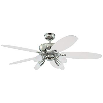 Westinghouse 7255900 Panorama Four-Light 52-Inch Reversible Five-Blade Indoor Ceiling Fan, Chrome with Frosted Glass