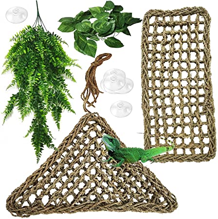 kathson Bearded Dragon Hammock Reptile Lounger Reptiles Plants Hanging Fake Vines Boston Climbing Terrarium Plant Lizard Tank Accessories Flexible Leaves Decor for Chameleon Gecko Snakes