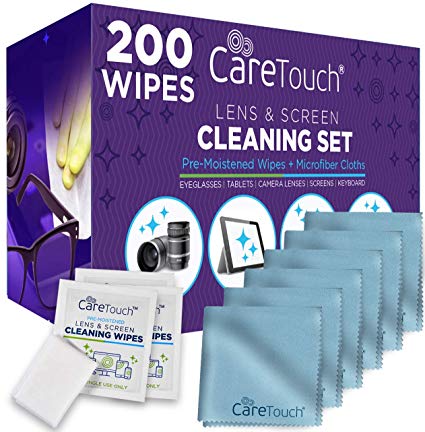 Care Touch Lens Cleaning Wipes with Microfiber Cloths - Excellent Glasses, Laptop, Computer Screen, and Lens Cleaner - 200 Wipes and 6 Cloths