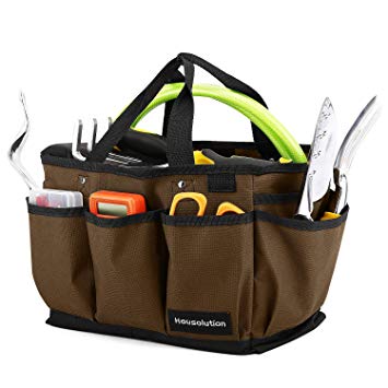 Housolution Gardening Tote Bag, Deluxe Garden Tool Storage Bag and Home Organizer with Pockets, Wear-Resistant & Reusable, 14 Inch, Coffee