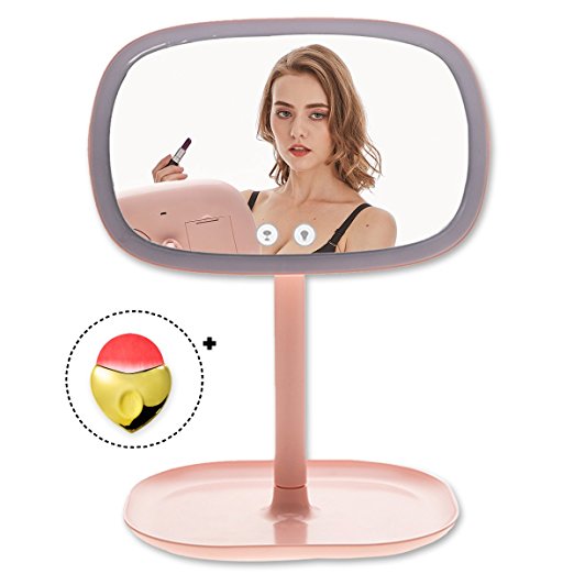 TOLEAP Makeup Vanity Mirror 37 Pcs Led Lighted With Touch Screen and 10 Pcs Backside Led Lights as A Table Light,360°Adjustable Rotation,Dual Power Supply, Countertop Cosmetic Mirror (Pink)