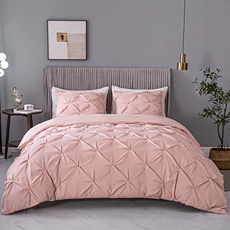 ASHLEYRIVER 3 Piece Luxurious Pinch Pleated Twin Duvet Cover with Zipper & Corner Ties 100% 120 g Microfiber Pintuck Duvet Cover Set(Twin Pink)