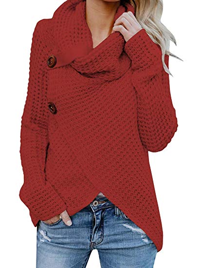 Shele Womens Turtleneck Sweater Warm Cable Knitted Loose Button Wrap Asymmetrical Pullover Tops