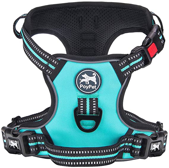 PoyPet No Pull Dog Harness, [Release at Neck] Reflective Adjustable No Choke Pet Vest with Front & Back 2 Leash Attachments, Soft Control Training Handle for Small Medium Large Dogs