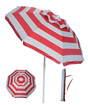 YATIO-6ft Beach Umbrella Sun Shelter with Tilt, Fiberglass Ribs, Telescopic Pole, Windproof Canopy, Carry Bag-Red Stripe