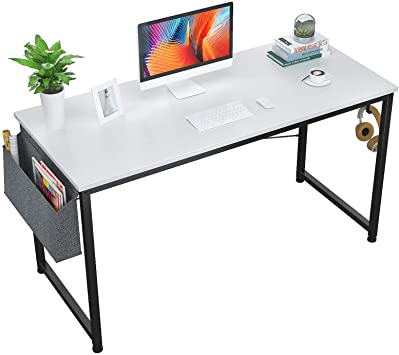 Foxemart Computer Desk, Home Office Desk with Storage Bag and Hook 47 Inch Office Desk Work Study Table for Bedroom, Writing Study, Workstation, White