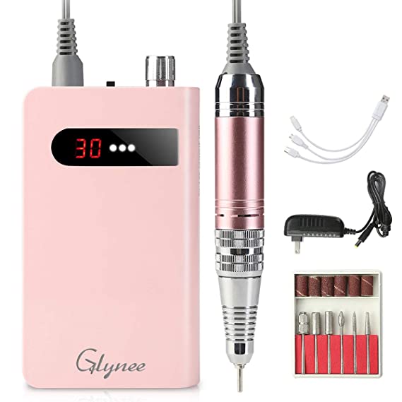 Glynee Portable Rechargeable 30000RPM Electric Nail Drill Machine, Professional E File Nail Drill Kit, Manicure Pedicure Polishing Grinding Set For Acrylic Gel Nails Or Salon Home DIY Use (Pink)