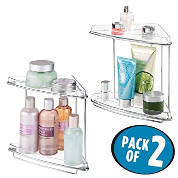 mDesign 2 Shelf Corner Storage Organizing Caddy Stand for Bathroom Vanity Countertops, Shelving or Under Sink – Free Standing, 2 Tiers – Pack of 2, Steel Wire Frame in Chrome/Clear Shelves
