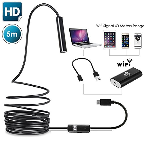 Wireless Endoscope Wallfire Semi-rigid Wifi Borescope for iphone PC android smartphone Inspection Camera 2.0 Megapixels CMOS HD Waterproof Snake Camera with 8 Adjustable Led Light - 16.4 ft(5 Meter)