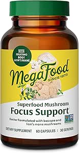 MegaFood Superfood Mushroom Focus Support - Doctor Formulated Lions Mane Supplement Capsules - Lions Mane Mushroom Supplement with Clinically Studied Bacopa - Vegan - 60 Capsules, 30 Servings