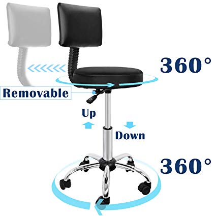 Adjustable Hydraulic Rolling Swivel Salon Stool Chair Tattoo Massage Facial Spa Stool Chair With Back (PU Leather Cushion)