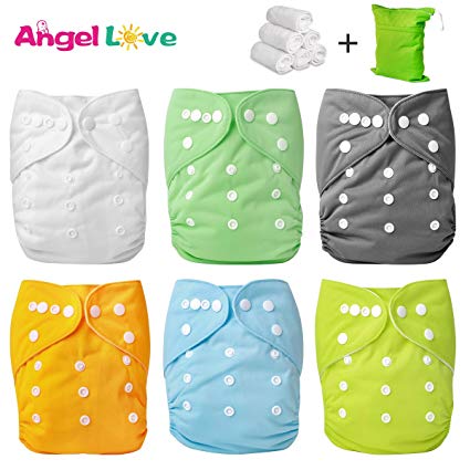 Cloth Diapers, Angel Love 6 Pack Diaper Covers 6 Diaper Inserts 1 Wet Dry Bag, Baby Washable Cloth Pocket Diapers, Reusable, All in one Size, Adjustable Snap, Gift Set, 1ZH01 (Neutral Color)