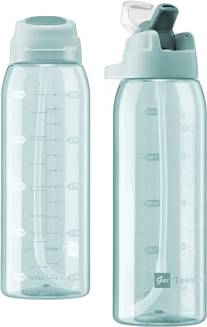 Teentumn Straw Water Bottle BPA Free Tritan with Time Markers, 30oz Large Durable Gym Plastic Bottle for Fitness, Outdoor Enthusiasts, Leakproof (Pack of 1)