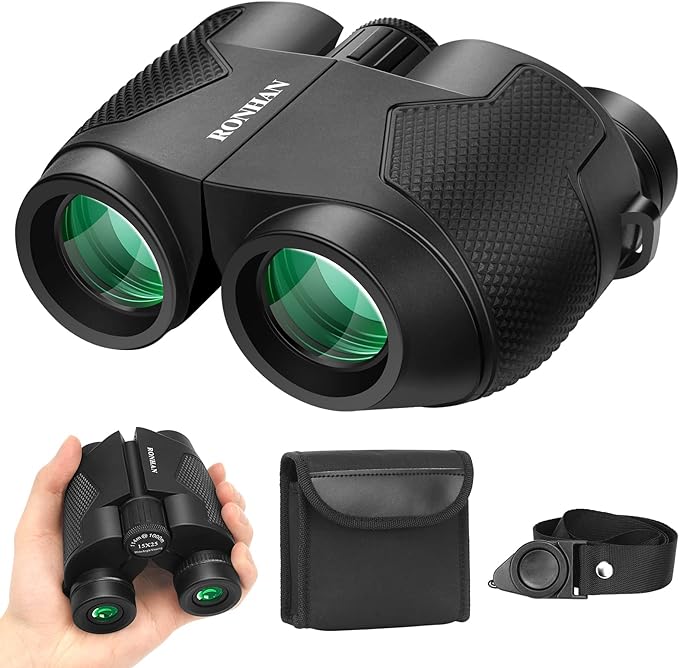 RONHAN 15×25 High Power Binoculars for Adults Kids, Compact Easy Focus Binoculars with Clear Low Light Vision, Waterproof Small Binocular for Bird Watching Outdoor Travel with Carrying Case and Strap