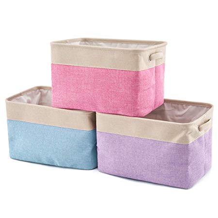 EZOWare Storage Bins Organizer, Set of 3 Foldable Collapsible Large Cube Fabric Linen Canvas Storage Baskets for Shelves Cubby Laundry Playroom Closet Clothes Shoe Baby Toy with Handles (Mixed Color)