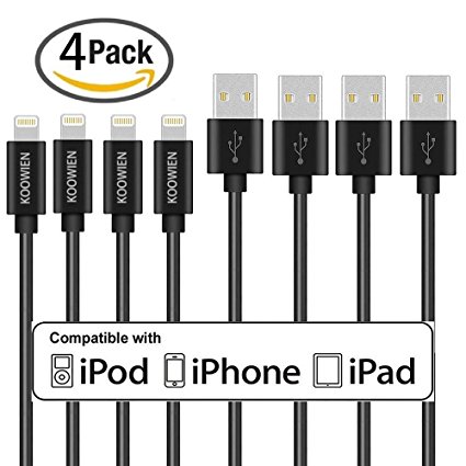 Lightning Cable, KOOWIEN 4Pack 3ft 8Pin USB Syncing and Charging Cord for iPhone 7/7 Plus, 6s plus/6s/6 plus/6, se/5s/5c/5, iPad Air/Pro/Mini, iPod nano/touch - Black
