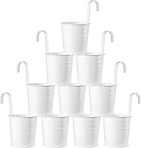 Foraineam 12 Pack Hanging Flower Pots White Metal Bucket Balcony Garden Plant Planter with Detachable Hooks and Drainage Hole for Railing Fence Patio Home Decoration