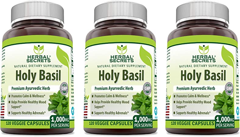 Herbal Secrets Holy Basil 1000 Mg Per Serving 120 Capsules (Non-GMO)- Promotes Calm & Wellness, Helps Provide Healthy Mood Support, Support Healthy Adrenals* (Pack of 3 - 360 Capsules Total)