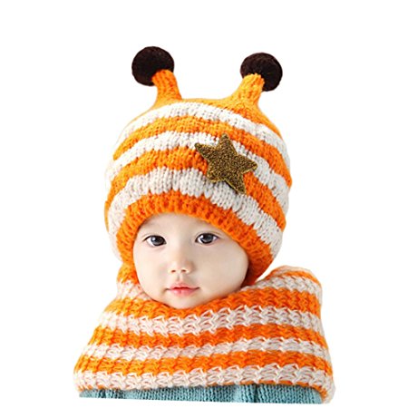 Gemini Fairy Stylish Stripe Handmade Crochet Bee Style Baby Hat and Scarf Set (Orange)