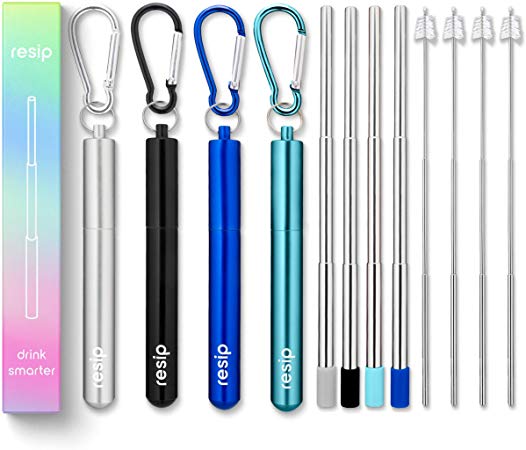 Portable Reusable Drinking Straws | Collapsible & Foldable Telescopic Stainless Steel Metal Straw Dispenser | Final Aluminum Case, Long Cleaning Brush, Silicone Tip | Variety Pack 2 | 4-Pack