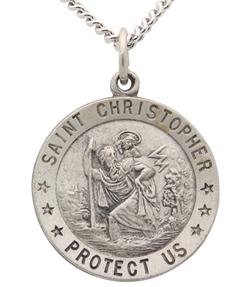Round Saint Christopher Necklace in Solid Sterling Silver Protect Us Medal 21.75 MM