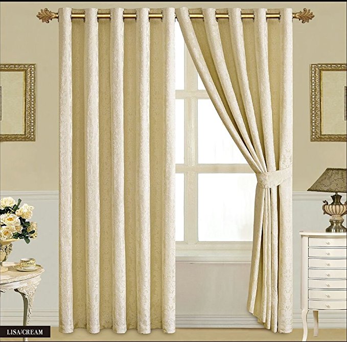 LUXURY JACQUARD Curtains Fully Lined Ready Made Tape Top Ring Top Eyelet Curtains (90" X 90", CREAM)