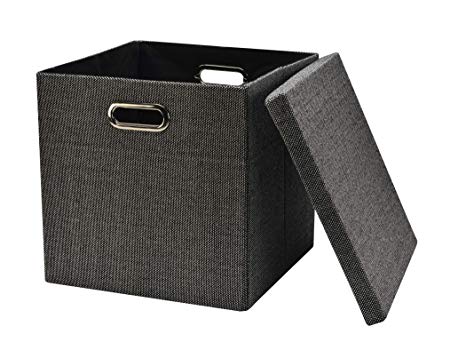 Collapsible Storage Bins Cubes 13"x13"13", Foldable Heavy-Duty Burlap Fabric Storage Box Basket Containers with Lids - Large Organizer Removable Divider For Nursery Toys,Kids Room,Towels, Black 1-Pac