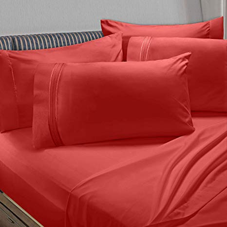 Clara Clark Premier 1800 Collection 6pc Bed Sheet Set with Extra Pillowcases - Queen, Orange Rust