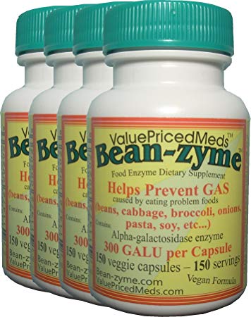 Bean-zyme VEGAN anti-gas 150 Capsules per bottle 4 Pack (600 capsules total). 300 GALU/cap compare to Beano 150 GALU/cap