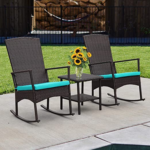 Outdoor PE Wicker Rocking Chair 3 Piece Patio Bistro Set Conversation Furniture Brown Rattan with Glass Coffee Table, Turquoise Cushion