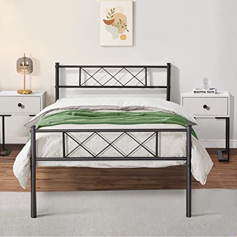 VECELO Metal Bed Frame, Mattress Foundation with Headboard & Footboard, NO Boxing Spring Needed, Heavy Duty Support, Easy Assembly, Black, (Twin)