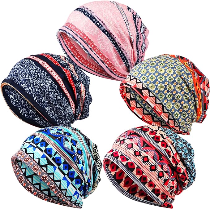 5 Pieces Women's Slouchy Beanie Hat Stretch Turban Hats Cancer Headwear Caps Baggy Skull Sleep Scarf