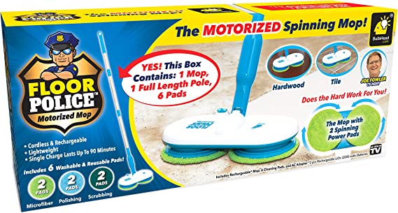 Floor Police Cordless Electric Mop, As Seen On TV, Self-Propelling Hardwood and Tile Floor Cleaner with Dual Spinning Mop Heads, One Mop with 6 Cleaning Pads