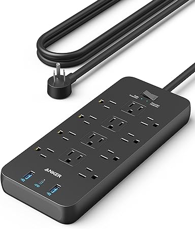 Surge Protector Power Strip (2100J), Anker 12 Outlets with 1 USB C and 2 USB Ports foriPhone 15/15 Plus/15 Pro/15 Pro Max,10ft Extension Cord, Flat Plug, 20W USB C Charging for Home, Office,TUV Listed