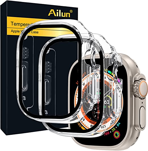 Ailun for 2022 Apple Watch Ultra Screen Protector Case [49mm], Ultra-Thin Hard PC Case Built in Tempered Glass Screen Protector for iWatch, Shockproof Cover with Button [2 Pack][Transparent]