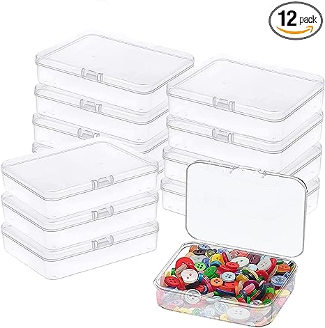 Goiio 12 Pcs Mini Plastic Storage Containers Box with Lid, 5x4x1.3 Inches Clear Rectangle Box for Collecting Small Items, Beads, Game Pieces, Business Cards, Crafts Accessories