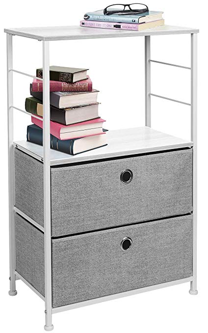 Sorbus Nightstand 2-Drawer Shelf Storage - Bedside Furniture & Accent End Table Chest for Home, Bedroom, Office, College Dorm, Steel Frame, Wood Top, Easy Pull Fabric Bins (White/Gray)