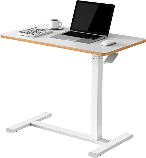 SANODESK Medical Adjustable Overbed Bedside Table with Hidden Casters, Pneumatic Mobile Laptop Computer Standing Desk Cart with Tray, Hospital and Home Use(31.5" W x 17.7" D, White)