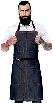 Under NY Sky No-Tie Midtown Blue Apron - Durable Denim, Leather Reinforcement and Split-Leg - Adjustable for Men, Women - Pro Chef, Barista, Bartender, Baker, Stylist, Tattoo, Artist, Server Aprons