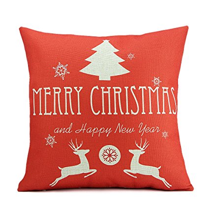 Homar Throw Pillow Covers - Merry Christmas Deers Print Pattern Decorative Pillow Case Red - Cotton Linen Square Pillowcases Cushion Cover Standard Size 18 x 18 for Couch Sofa Bed Car Seats Home Decor